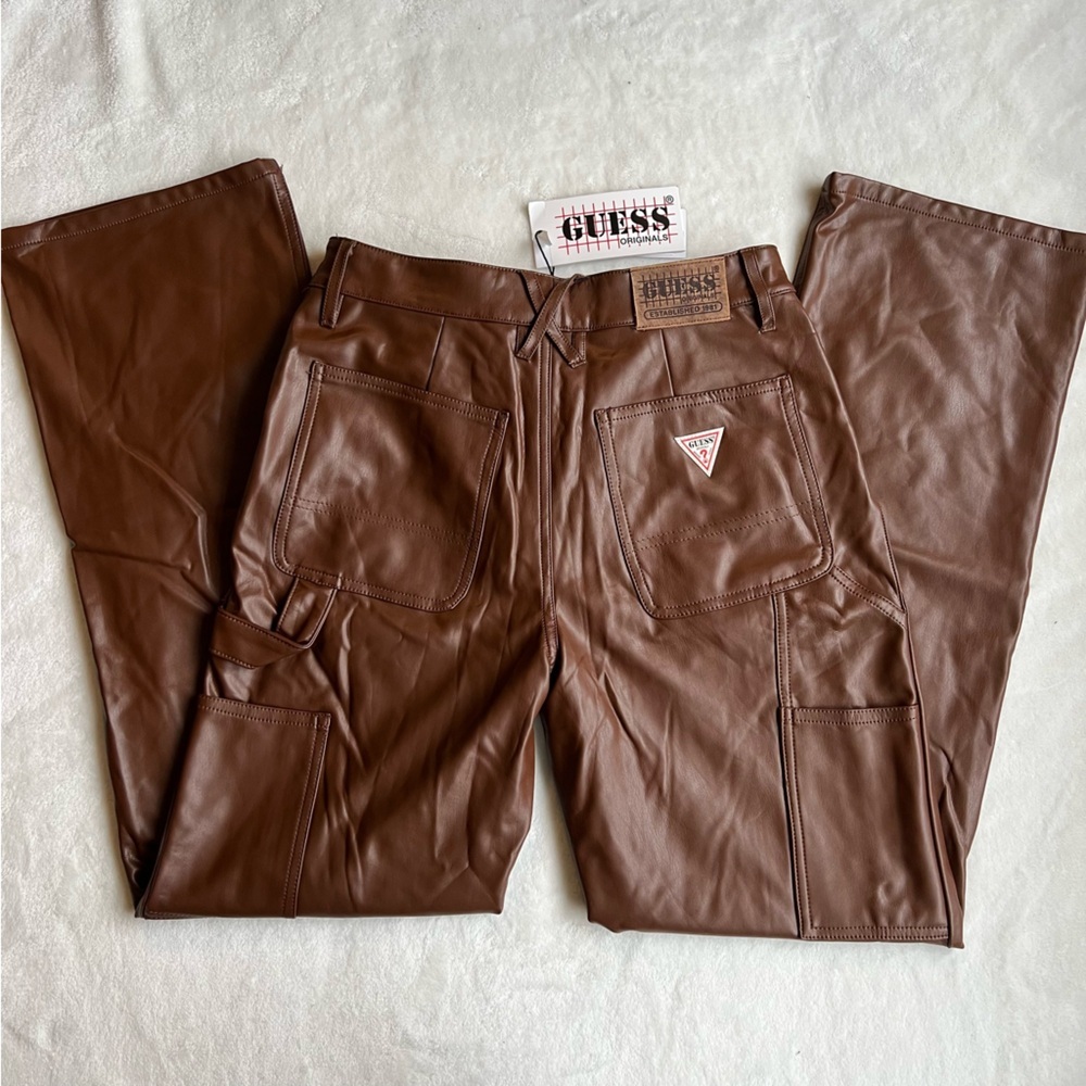 New Guess Brown Carpenter Straight-Leg Leather Pants